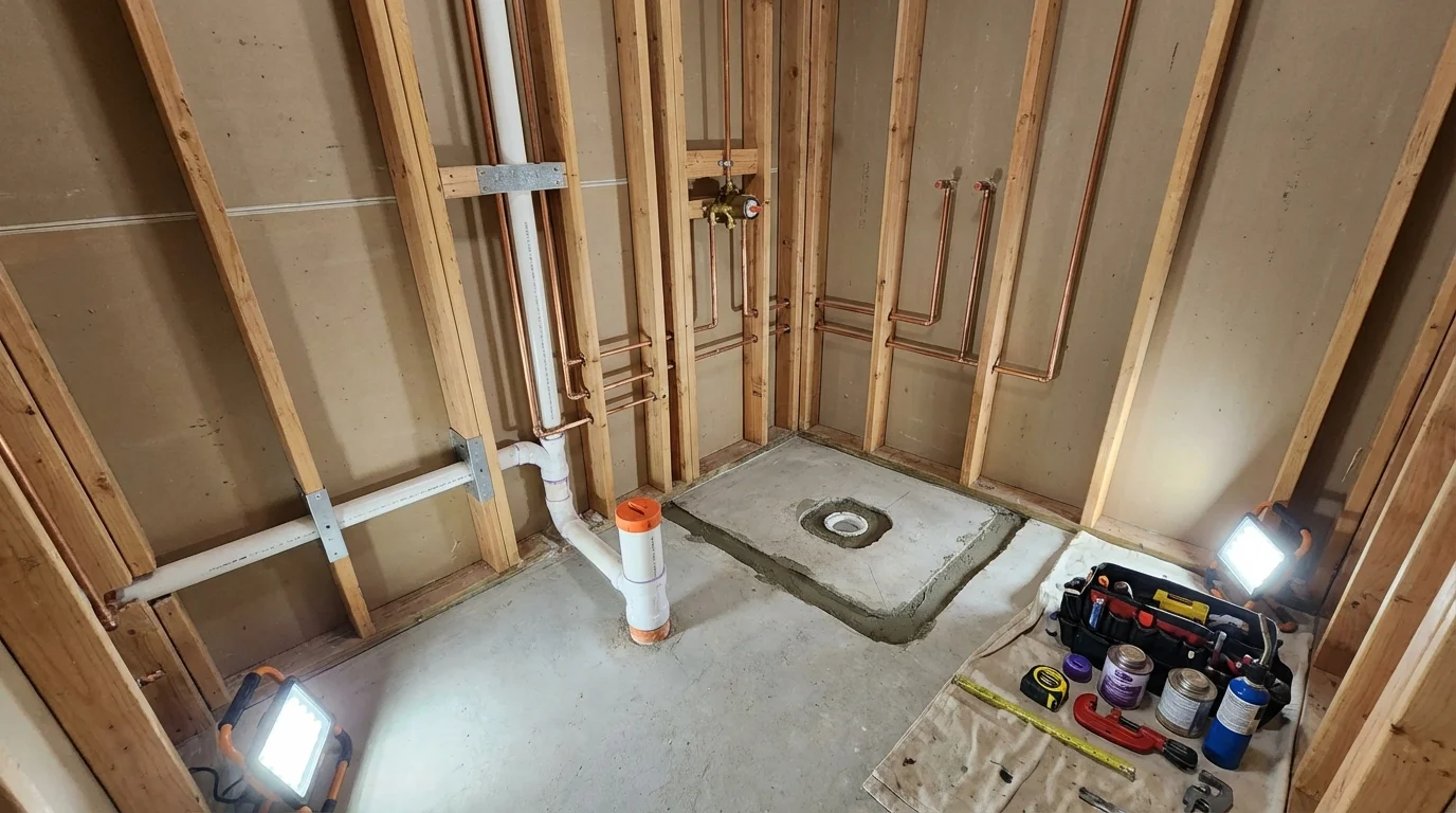 Bathroom rough-in plumbing during remodel by Johns Plumbing LLC in Random Lake