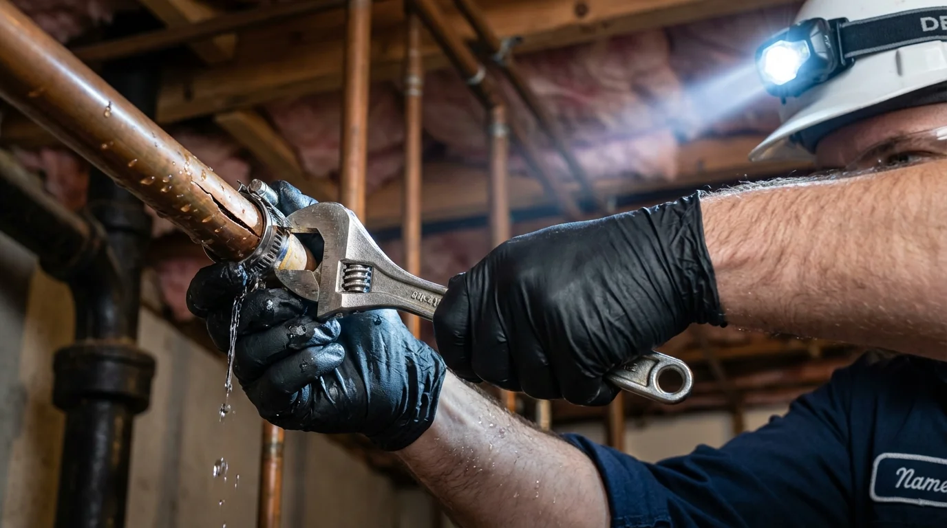 Emergency pipe clamp repair being performed by a Johns Plumbing LLC plumber in Random Lake