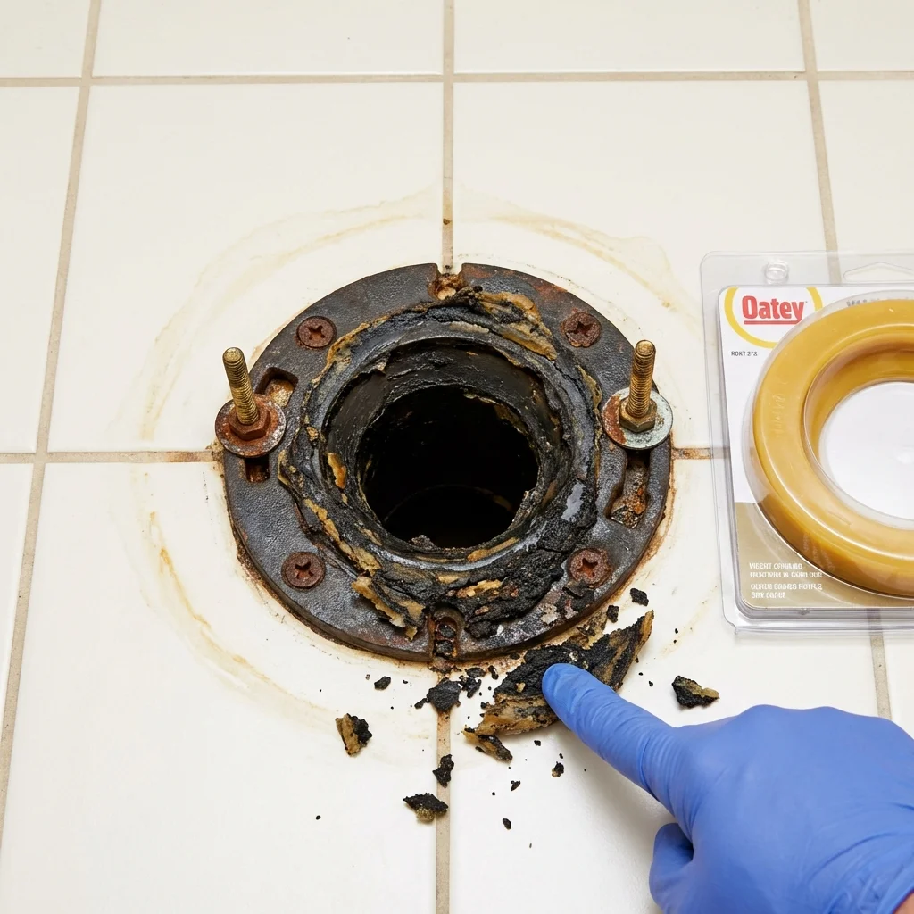 Failed wax ring showing water seepage at the base of a toilet in a Random Lake, WI home
