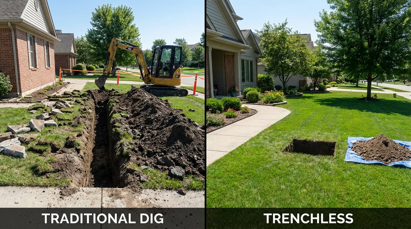Trenchless sewer repair with minimal yard damage versus traditional excavation in Random Lake, WI