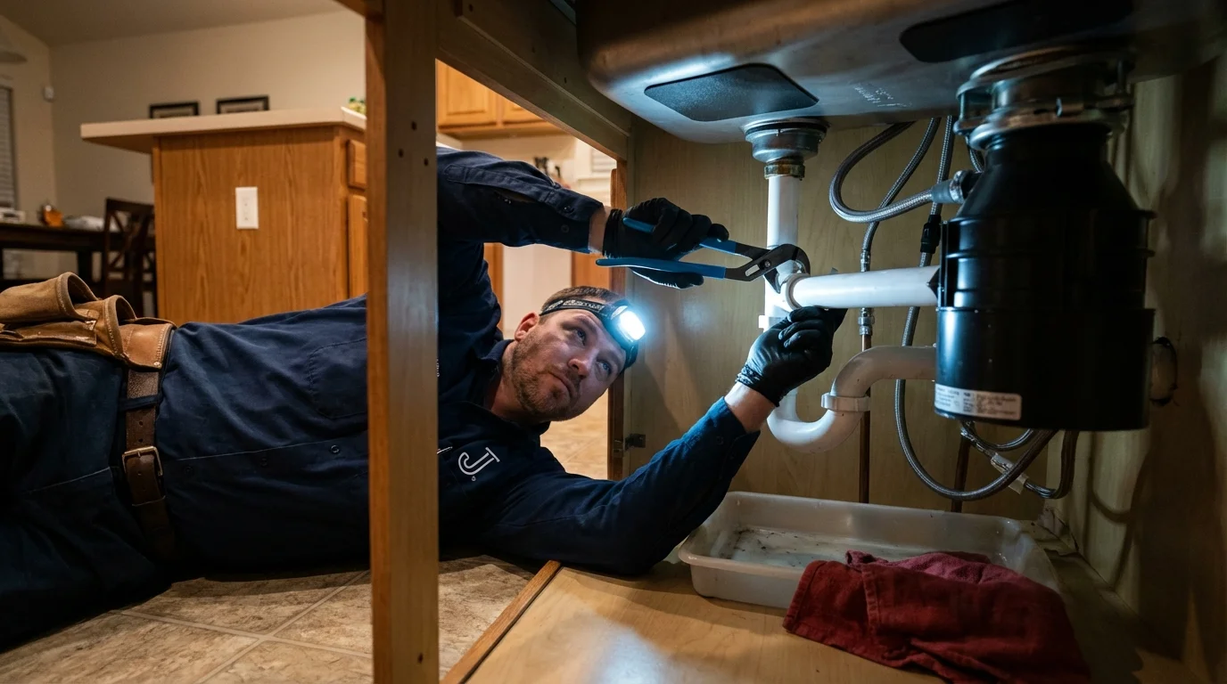 P-trap and supply line connections under a kitchen sink showing a common leak point in Random Lake, WI